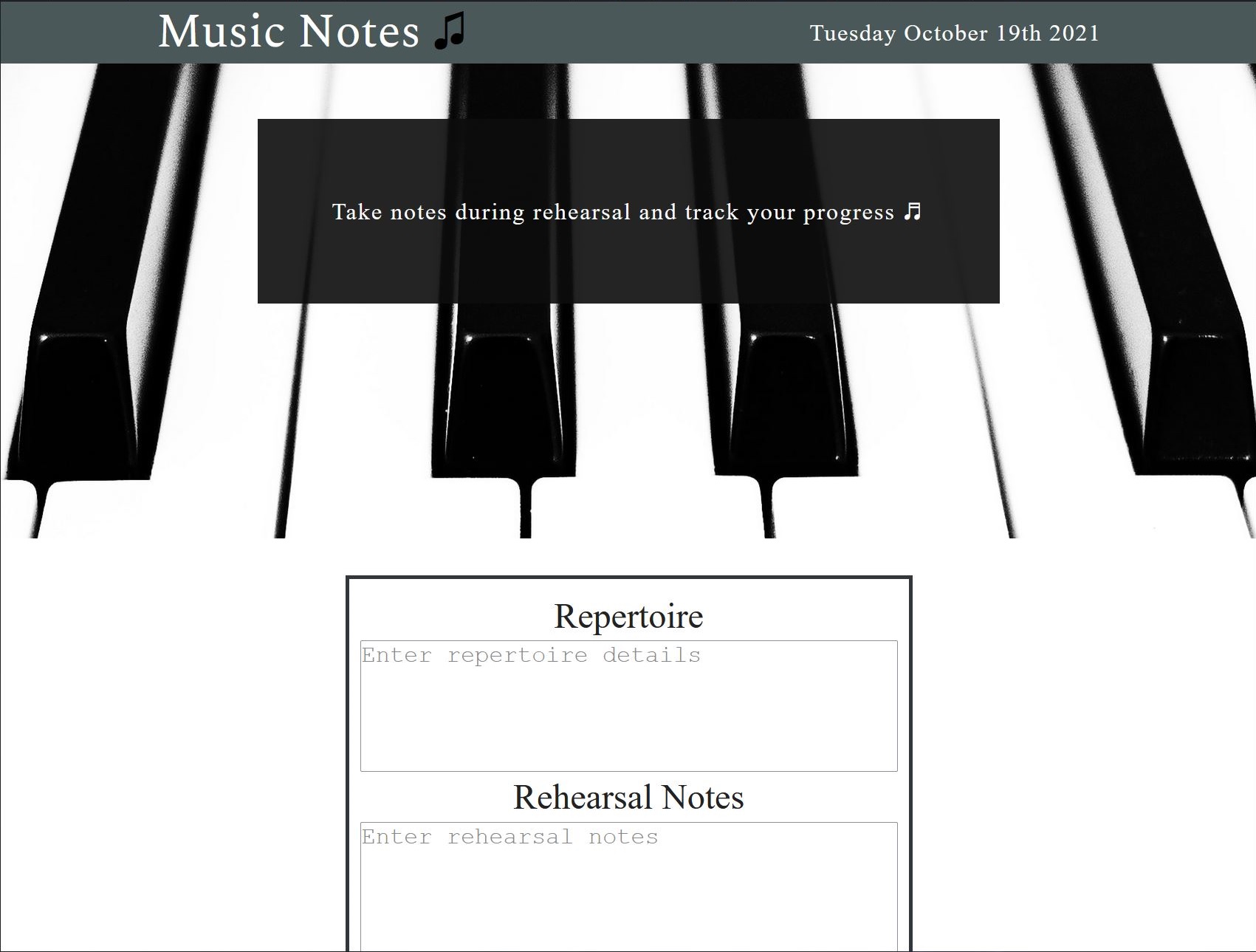 The landing page of the Music Notes application